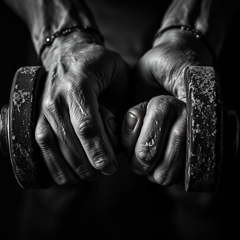 Chalked hands gripping a heavy dumbbell