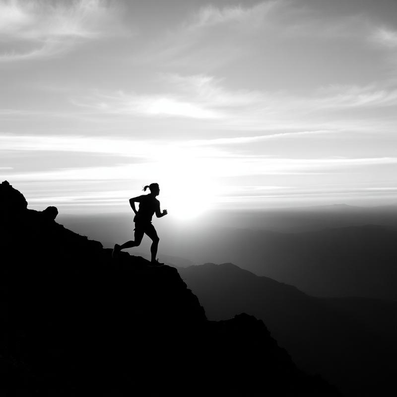 Silhouette of a runner on a mountain ridge at dawn